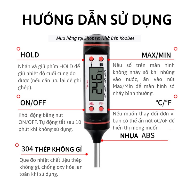 Nhiệt kế điện tử đa năng đo nước pha sữa, nước tắm, đo chất lỏng - Nhiệt kế thực phẩm KOOBEE