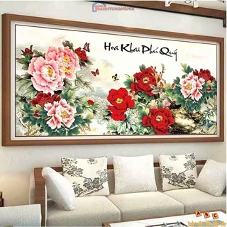 Tranh đính đá LV541 DD9482 (1m20 x 60cm), tranh thêu chữ thập hoa mẫu đơn LV3401 DV6461 (1m x 51cm)
