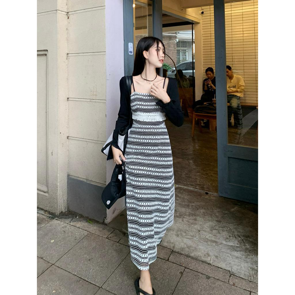 「 WELOVE1 」Đầm Dệt Kim Ôm Eo Họa Tiết Kẻ Sọc Phong Cách Retro