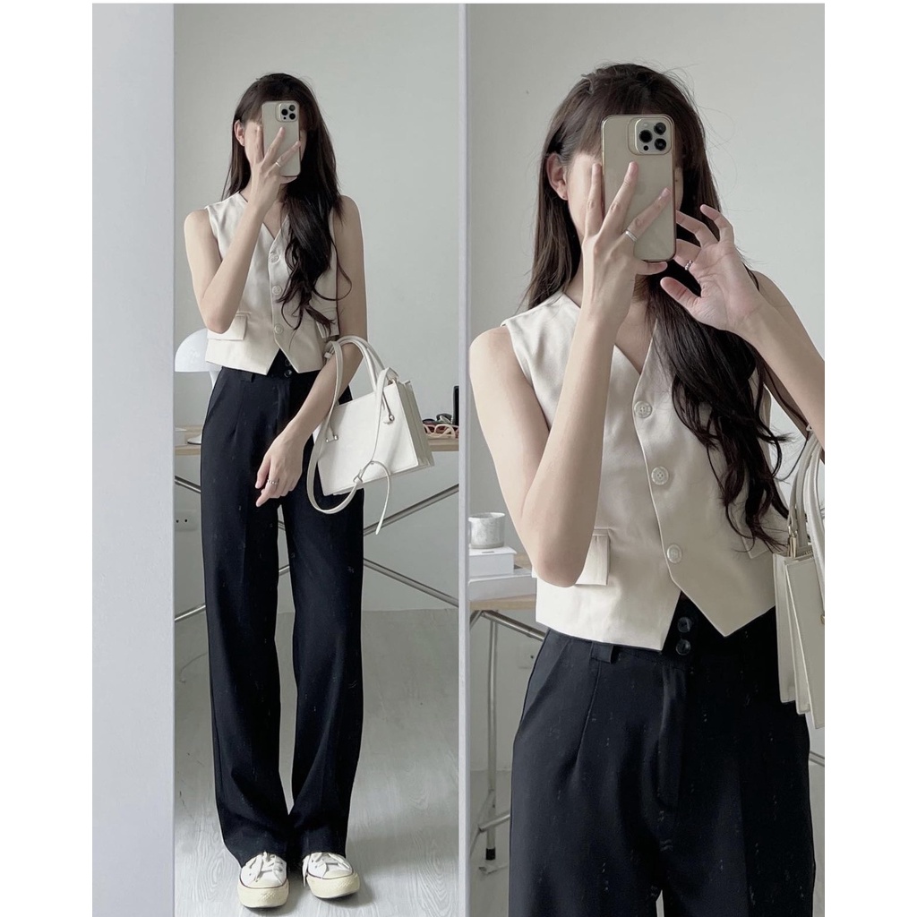 Áo Gile vải cúc đen