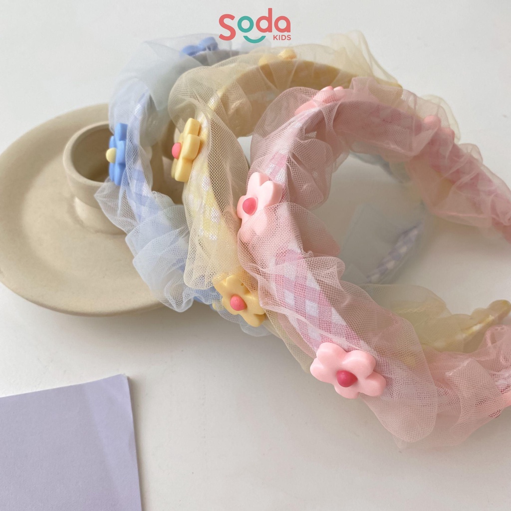 Bờm tóc bé gái SODA KIDS họa tiết caro phối voan đính hoa xinh xắn, phong cách tiểu thư