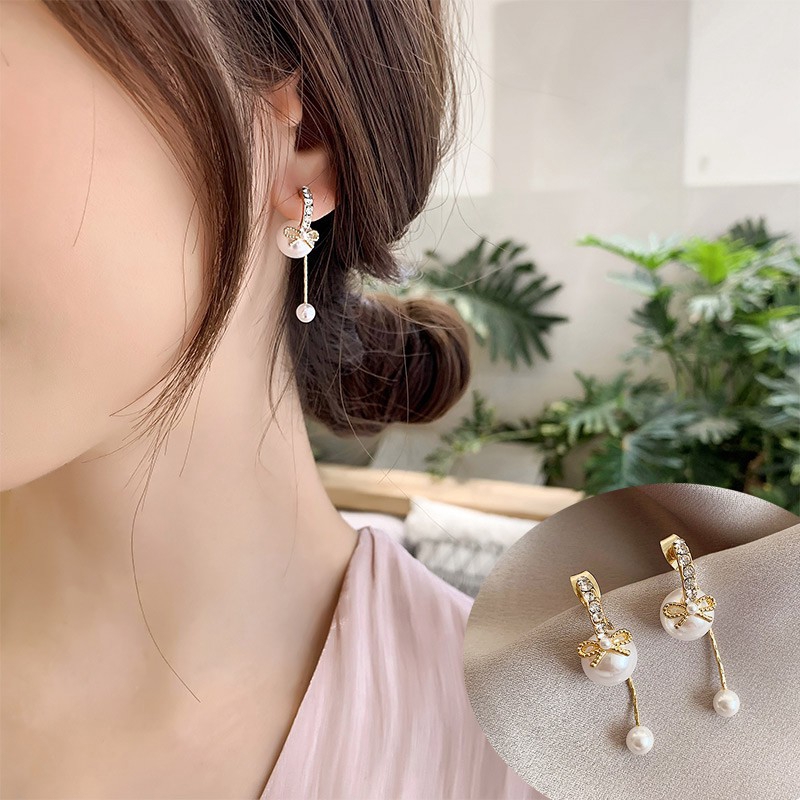Bông tai thời trang mạ bạc 925 thiết kế hình nơ đính ngọc trai lấp lánh đáng yêu cho nữ