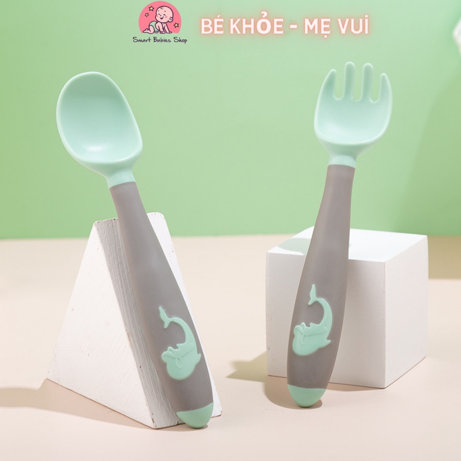 Bộ thìa nĩa uốn cong kèm hộp cho bé tập ăn