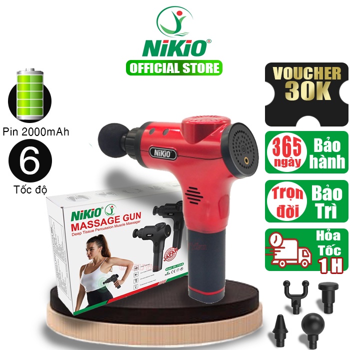 Súng massage cầm tay Nhật Bản Nikio NK-170A - 4 đầu, 6 cường độ massage - Màu Đỏ