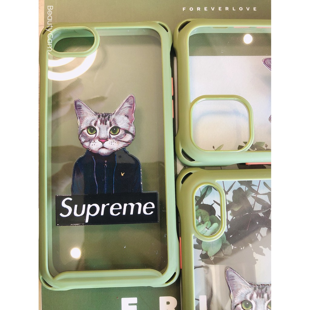 [Siêu rẻ] Ốp Lưng IPHONE Viền Xanh rêu In Mèo Supreme Bảo Vệ 4 góc full dòng 6/6s đến 11promax- H Case