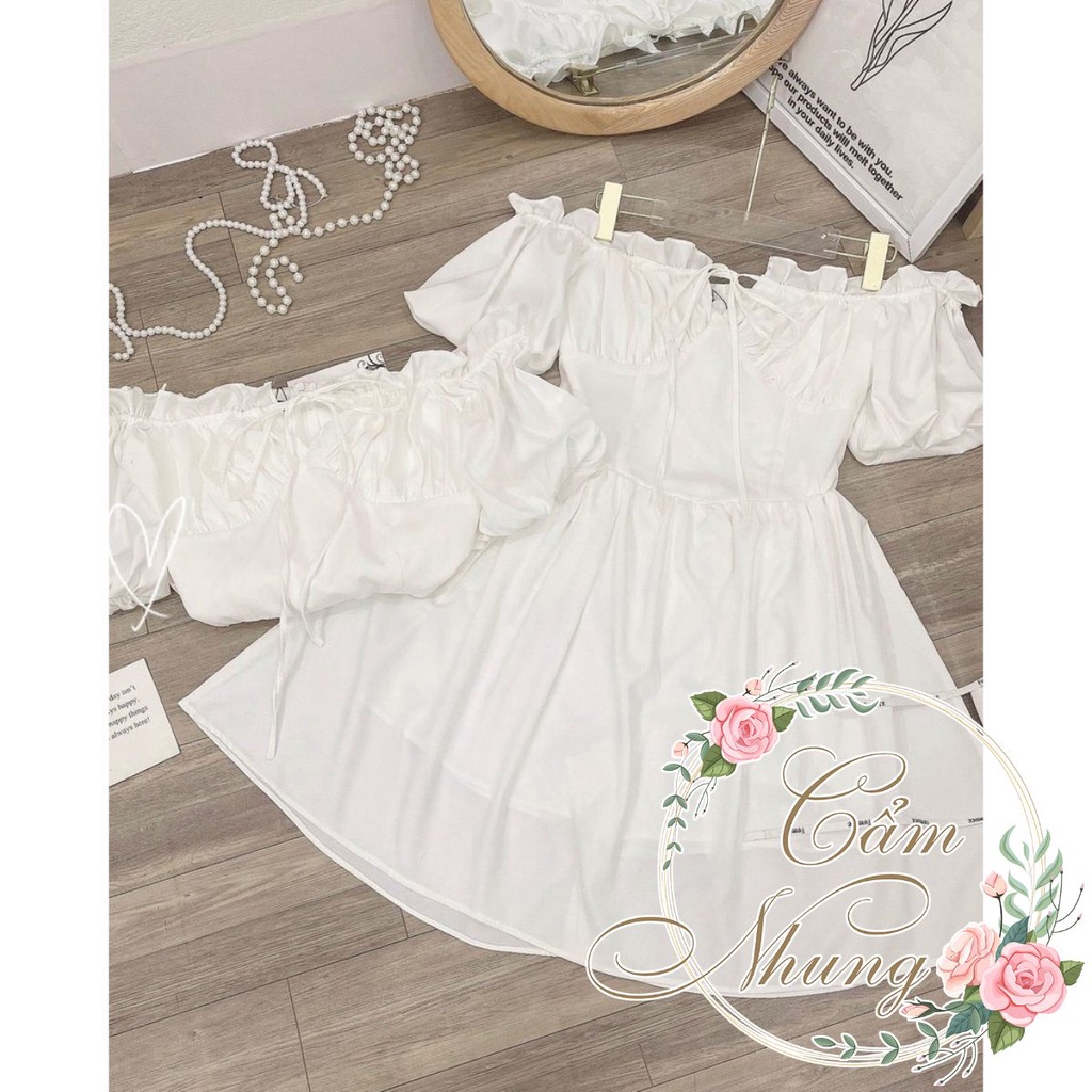 Váy Thiết Kế Trễ Vai Dây Chéo Cổ Tay Bồng CAMNHUNG - Đầm Trắng Vintage Tiểu Thư Phong Cách Hàn Quốc