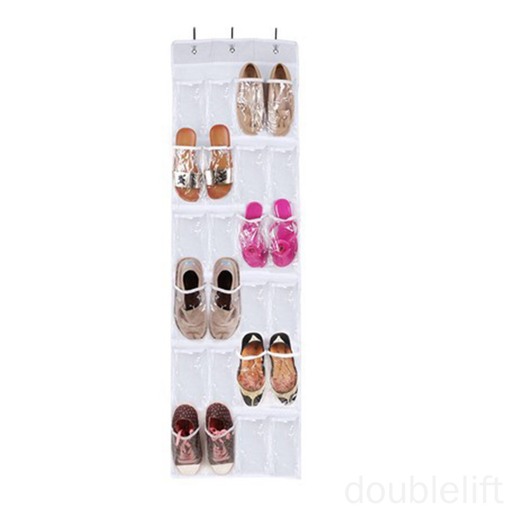 24 Pockets PVC Clear Door Hanging Bags Shoe Rack Hanger Non-woven Storage Organizer White doublelift store