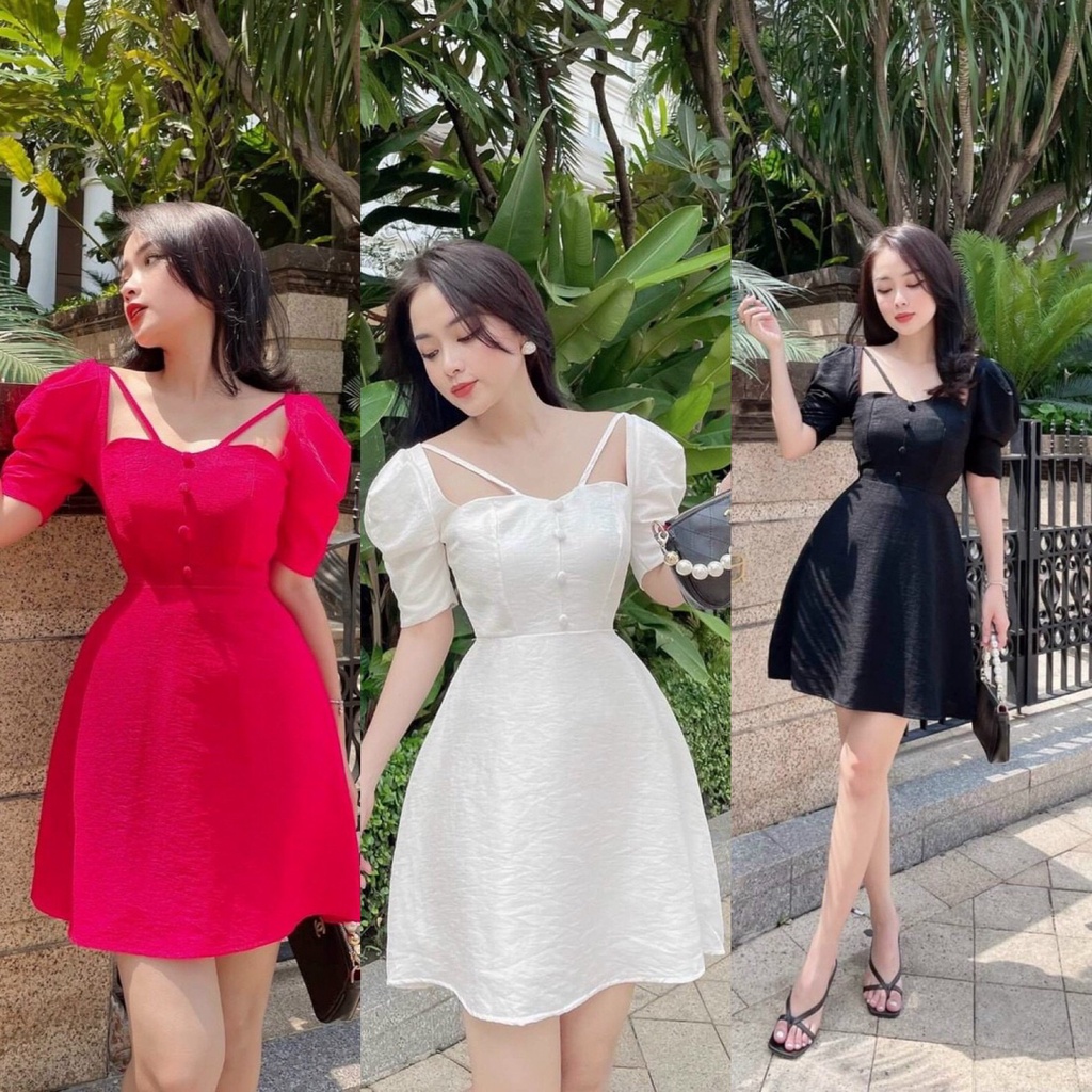 Đầm Váy Nữ Chất Liệu Đũi Tay Phồng Dây Cổ Đính Nút Bọc ( Có Mút Ngực ) Thời Trang Kiểu Cách Dạ Hội, Dự Tiệc Và Đi Chơi