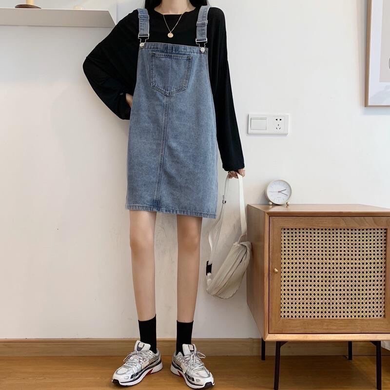 Váy Yếm Jean Nữ Màu Xanh Đen Có Túi Điều Chỉnh Dây Chất Bò Jean Loại 1 Phom Suông Phong Cách Ulzzang Basic Mặc Hàng Ngày