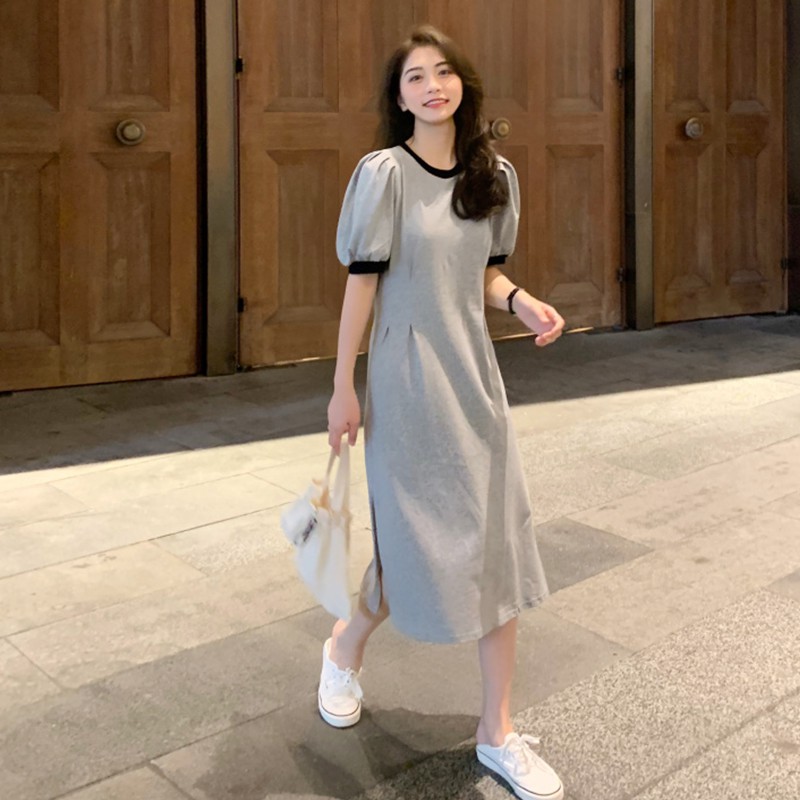 Bubble Sleeve T-Shirt Dress Female Summer 2021 New Design Color Waist Slim Small Son Tok Long Skirt