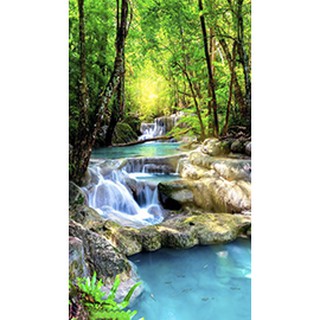 Tranh dán tường 3D  thác nước khổ dọc - vải lụa kim sa