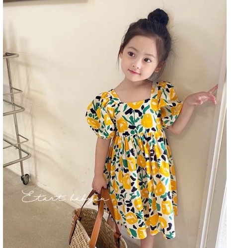 Váy bé gái thô hoa dây nơ sau lưng tay bồng cho bé 1-5 tuổi