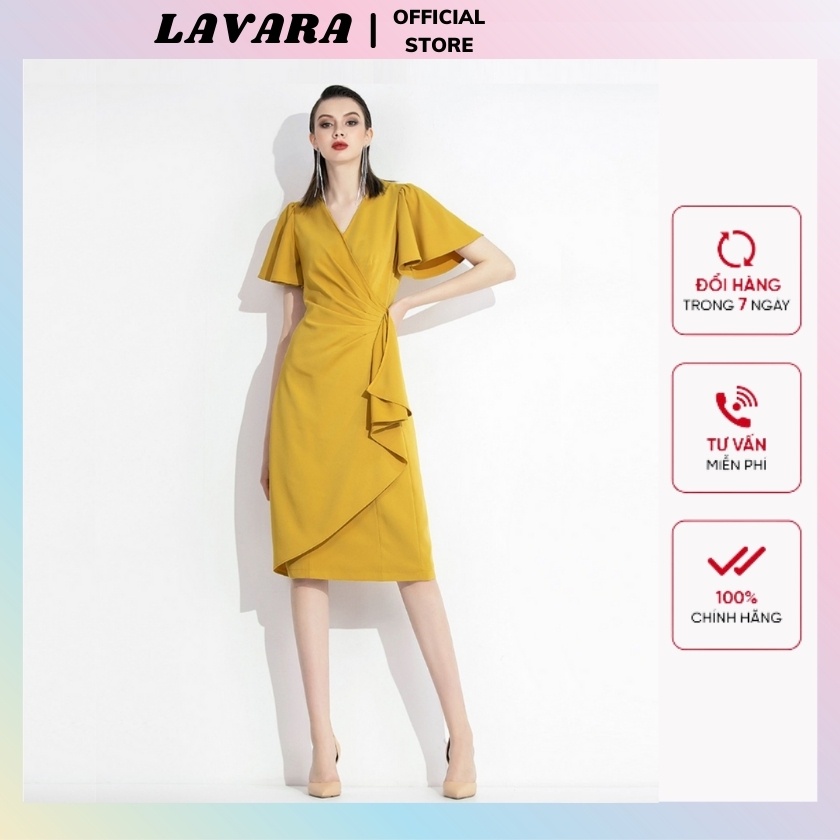 Đầm nữ công sở cổ V xếp ly eo LAVARA DA04