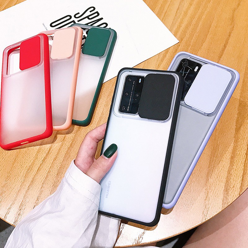 Ốp điện thoại trong nhám có nắp trượt bảo vệ camera cho OPPO F17 Pro Reno 4 F Lite A73 A93