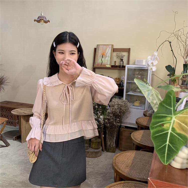 Áo sweater ZHELIHANGFEI tay dài lưng cao dáng ôm phối bèo phong cách Nhật Bản trẻ trung cao cấp