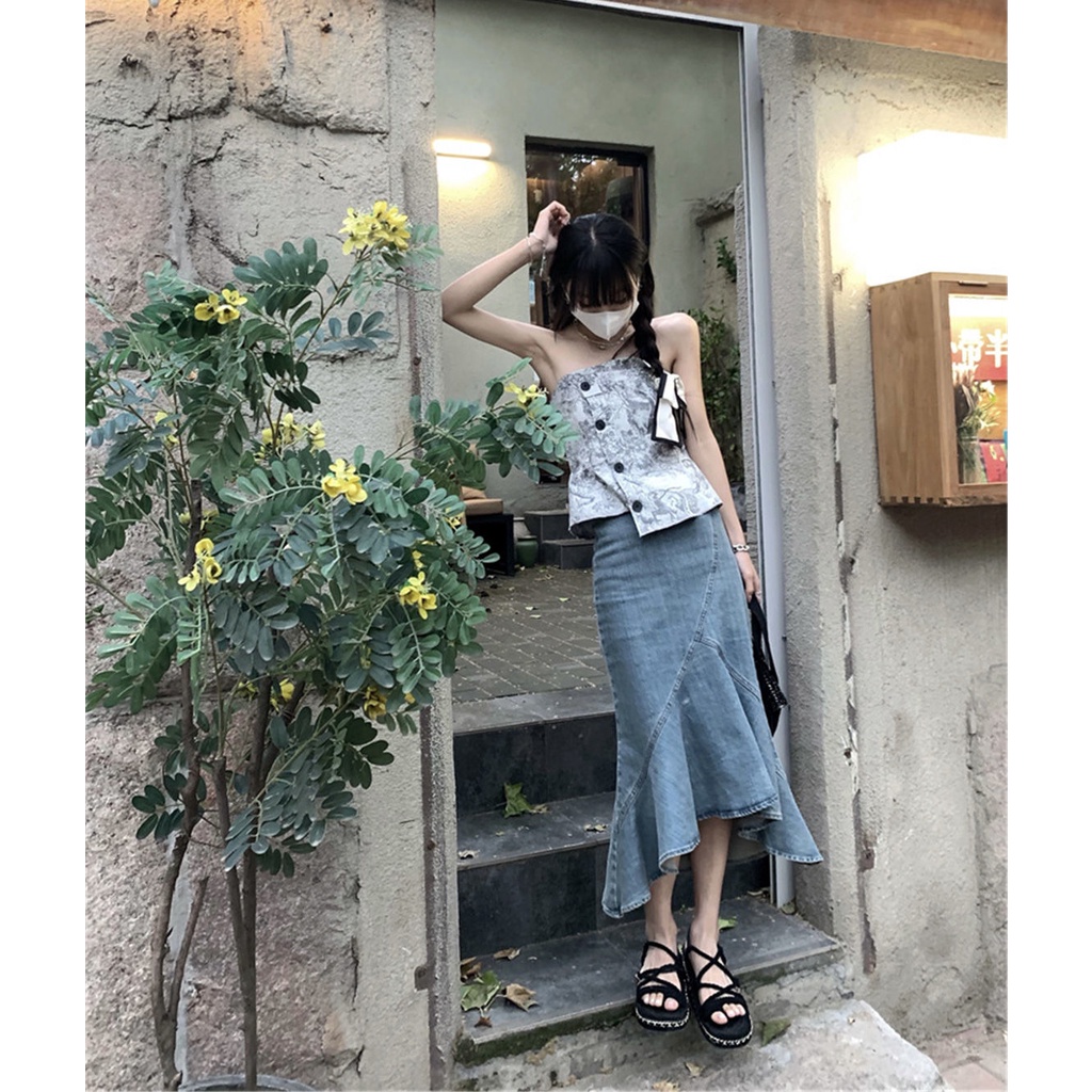 Chân váy jean đuôi cá lưng cao phong cách retro thời trang đáng yêu cho nữ