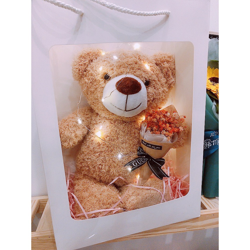 Set quà tặng gấu bông và hoa baby khô kèm túi giấy và thiệp chúc mừng sinh nhật quà tặng bạn gái lễ valentine lễ 8/3