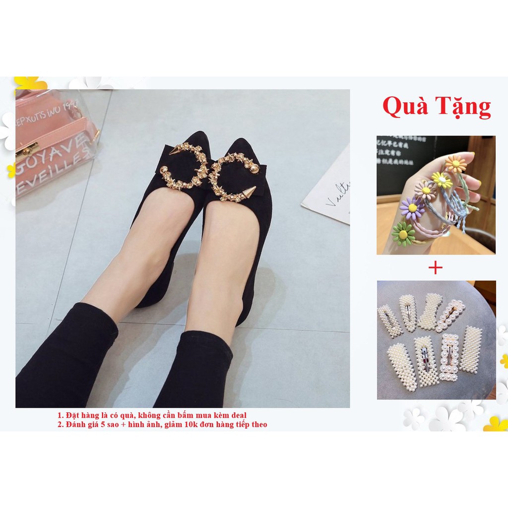 Giày Búp Bê Đế Bệt Mũi Nhọn Khóa Chữ C Kim Loại Sang Trọng