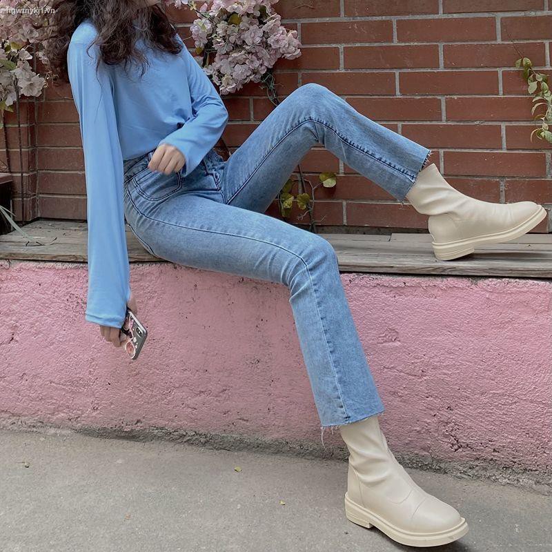 ❃❐Retro Chic Slim Stretch Micro-flare Jeans Women s High Waist All-match Thin and Frayed Cropped Pants Trend