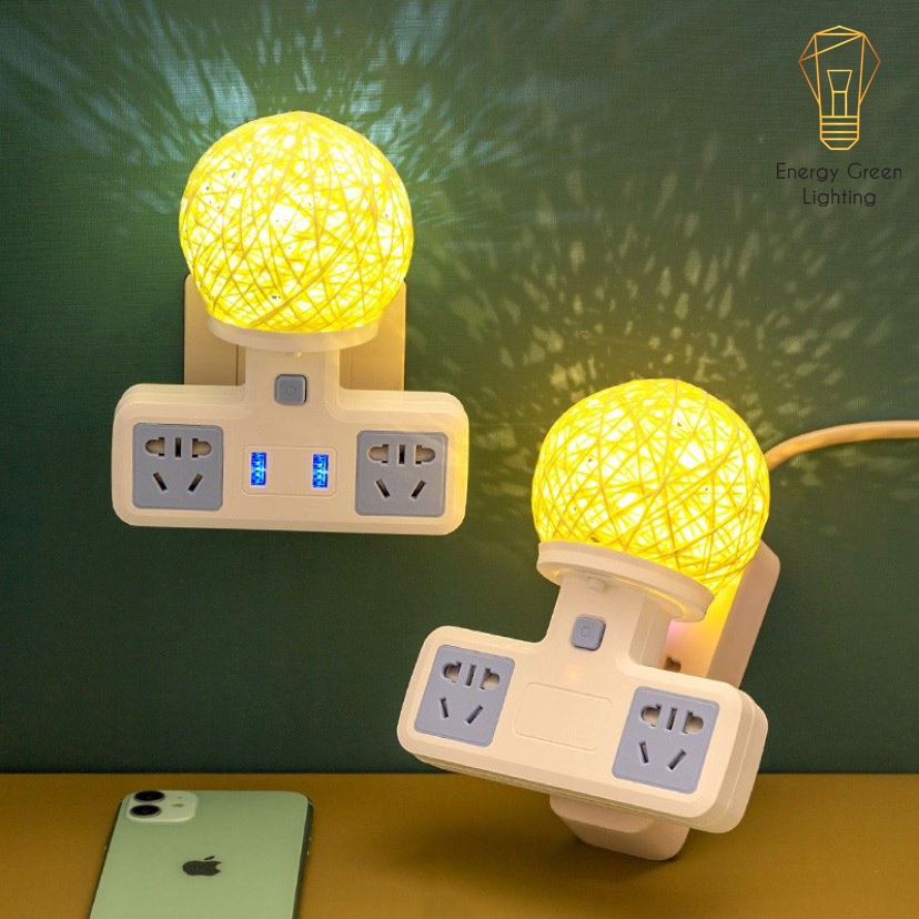 Ổ Cắm Điện Đa Năng - Đèn Ngủ Cầu Mây Energy Green Lighting - 2 Cổng USB , Ổ Chịu Tải 2500W, Chống Cháy Nổ