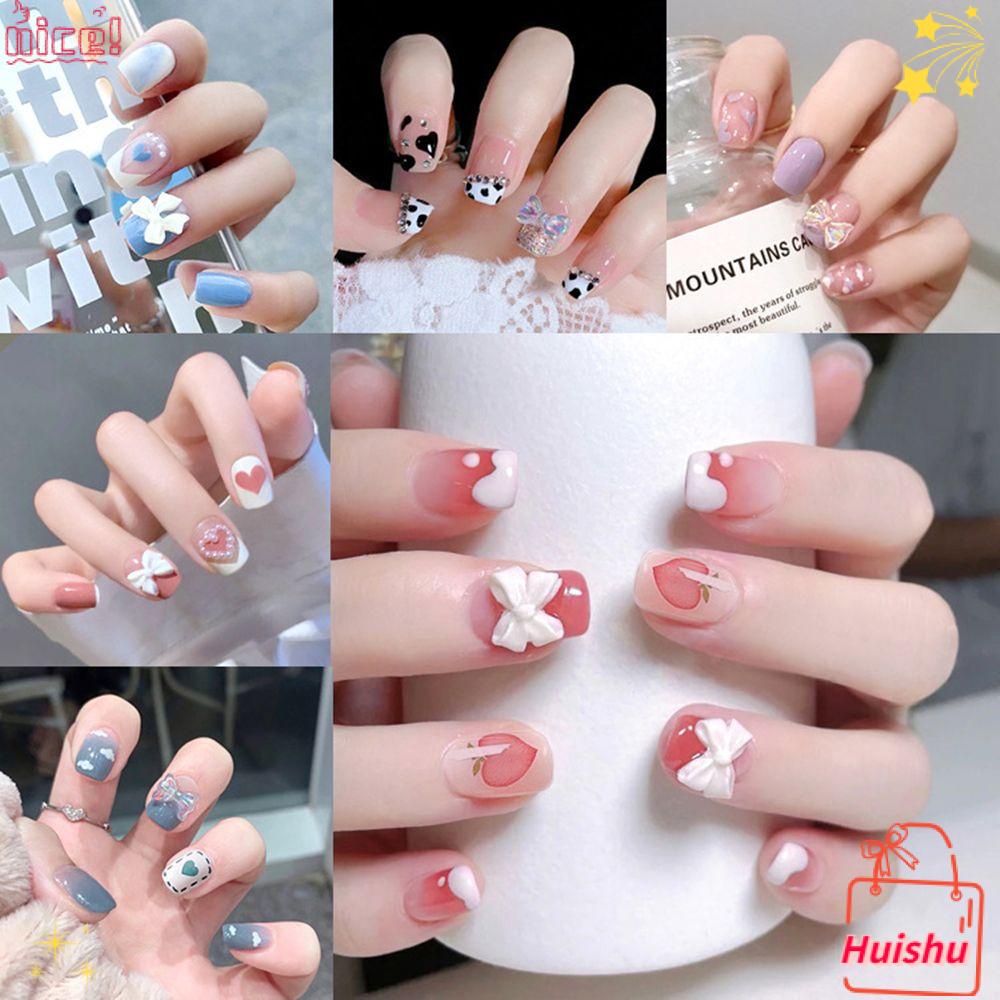 Set 24 Móng Tay Giả Đính Nơ Ngắn Che Phủ Toàn Diện