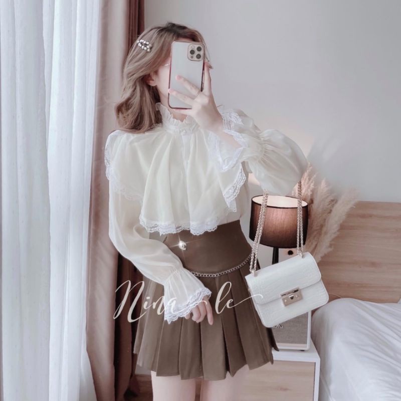 [Ảnh thật]Set váy nữ đẹp áo sơ mi kiểu bèo ren, chân váy xếp ly ngắn dễ thương.Set đồ nữ công sở.