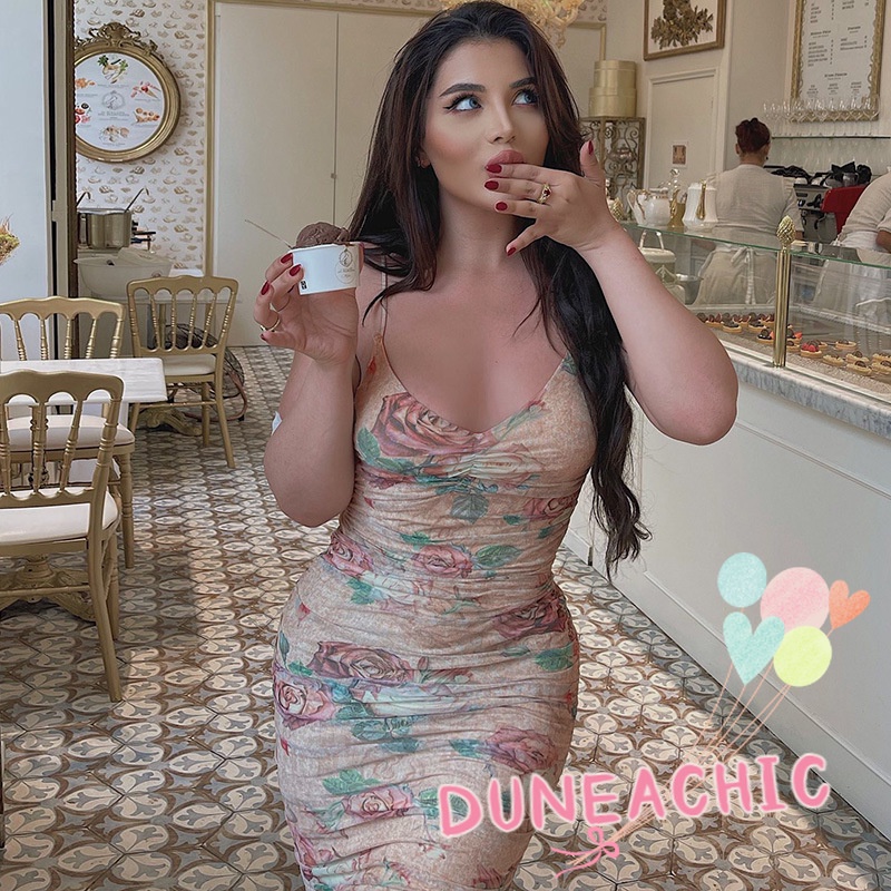 DUNEA Đầm Hai Dây Hở Lưng In Hoa Xinh Xắn Cho Nữ