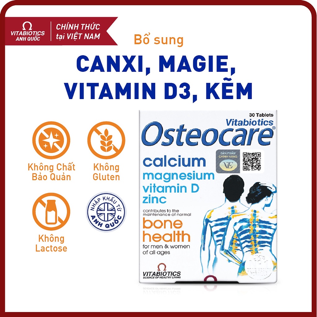 Viên uống bổ sung canxi d3 magie phòng ngừa loãng xương, tăng chiều cao Vitabiotics Osteocare 30 Viên
