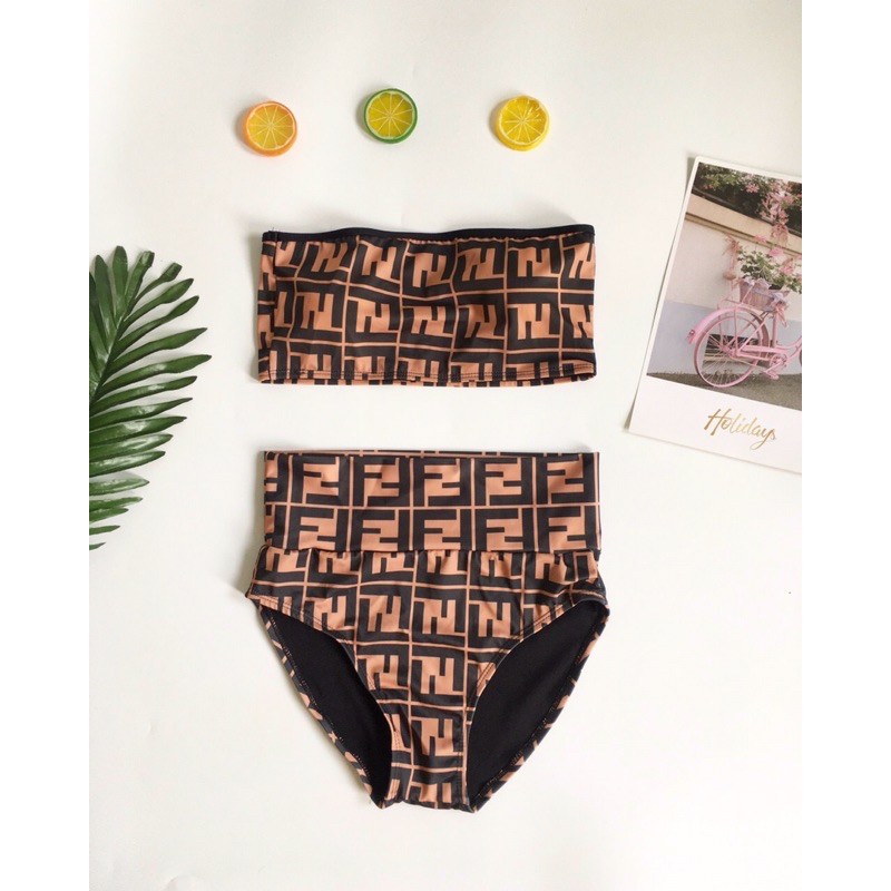 Bikini hai mảnh lưng cao che bụng sọc thổ cẩm