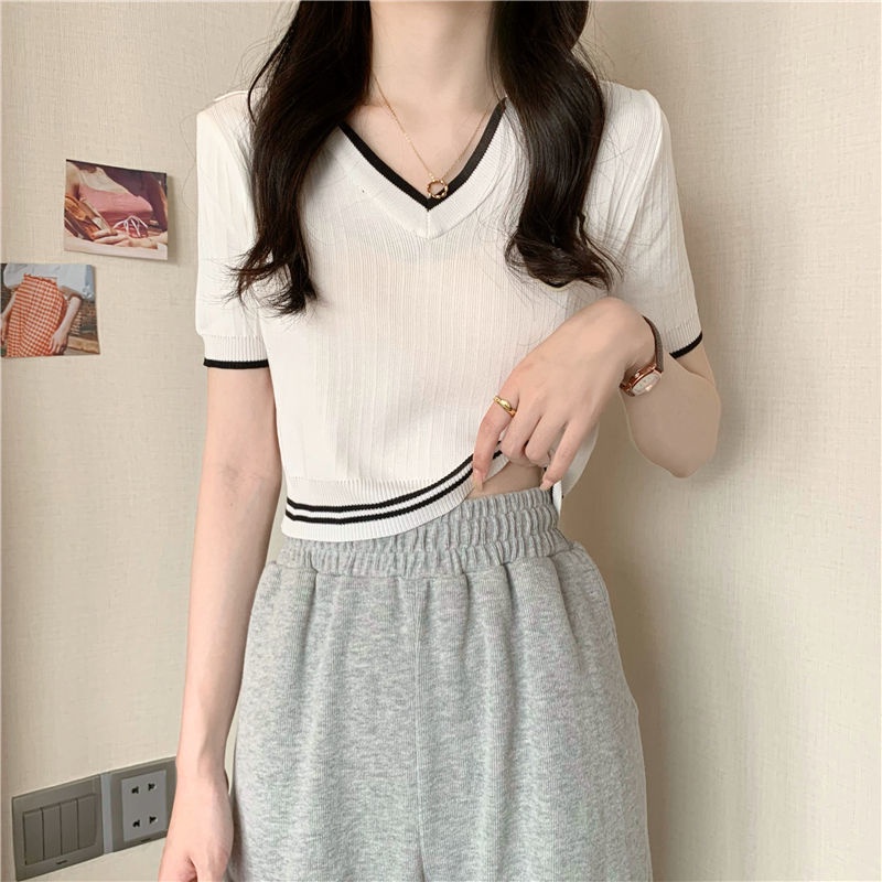 Áo Thun Dệt Kim Tay Ngắn Cổ Polo Vải Lụa Lạnh Kiểu Phương Tây Thời Trang Mùa Hè 2022