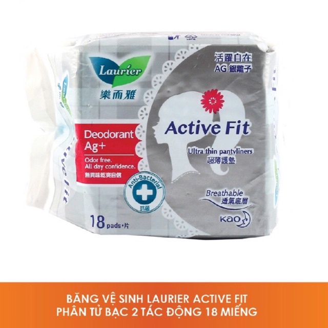 Băng Vệ Sinh Hàng Ngày Laurier Ultra Thin Pantyliner Active Fit Deodorant AG+ Phân Tử Bạc Khử Mùi (18 Miếng)