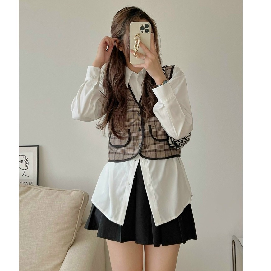 Set đồ nữ áo sơ mi trắng dài tay kèm áo gile kẻ viền đen 2 lớp dày dặn, set 2 món Sơ mi nữ form rộng dài tay kèm gile kẻ