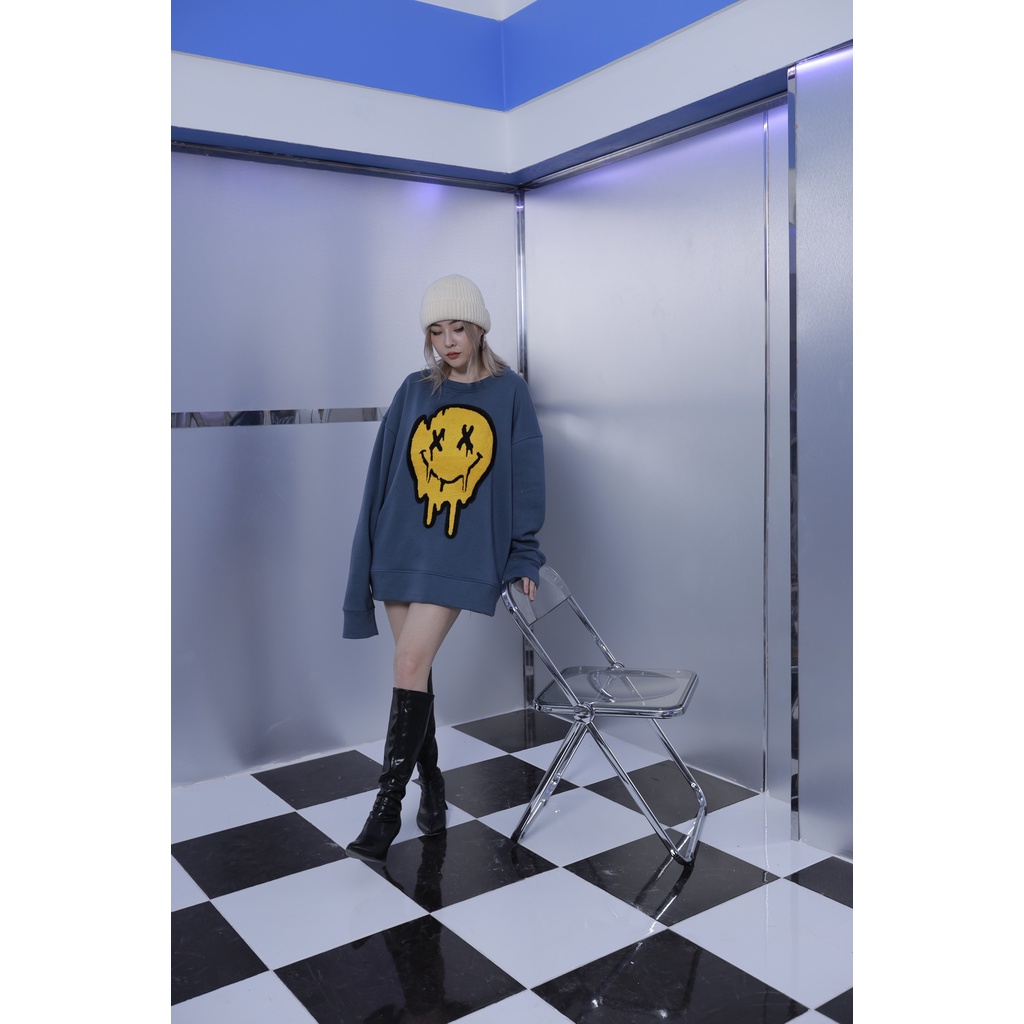 Áo Sweater Mùa Đông Nỉ Form Rộng Yellow Face Gonz - Màu Xanh | BigBuy360 - bigbuy360.vn