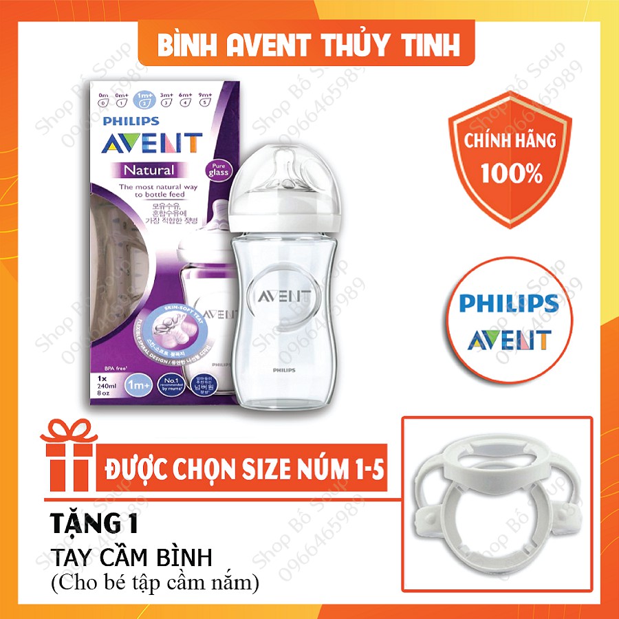 Bình Sữa Avent Natural Thuỷ Tinh 120 240ml [Được chọn núm 1 -> 5][Cam kết chính hãng]