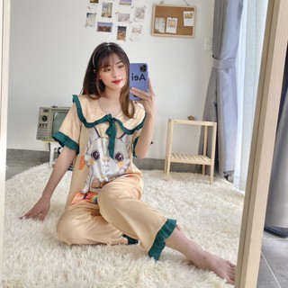 Bộ Pijama đồ ngủ lụa satin cao cấp hình mèo có Ảnh chụp thật