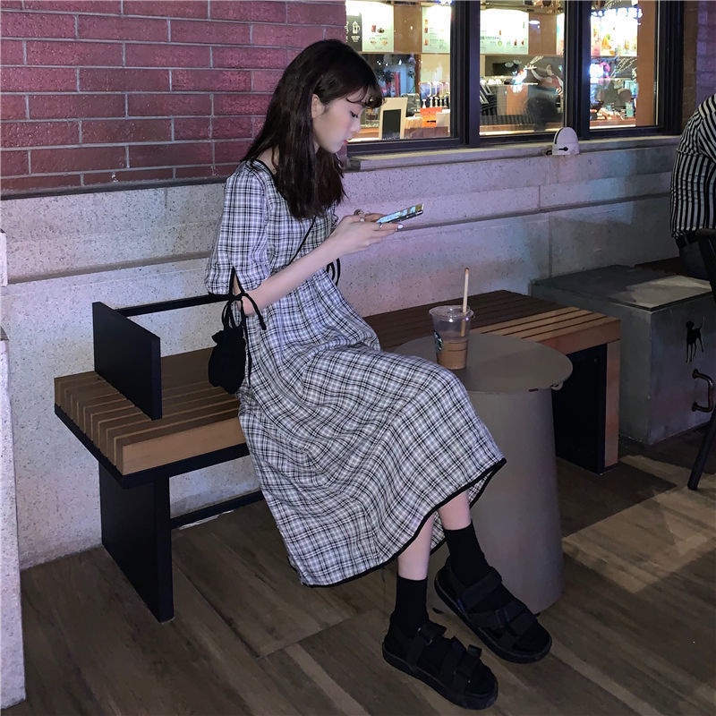 Temperament waist closing 2020 new summer women show thin bubble sleeve square neck French Plaid Dress Medium Length Skirt