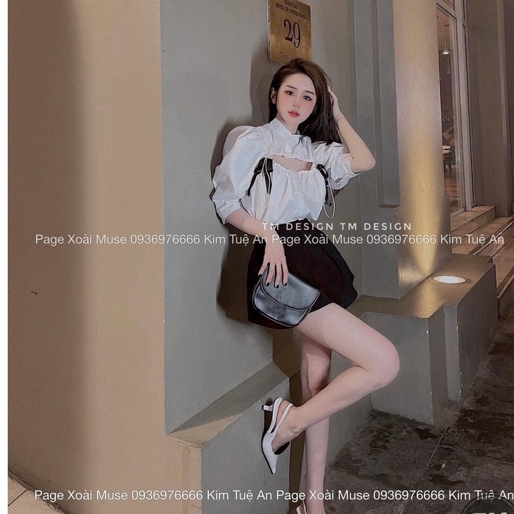 Áo sơ mi nữ khoét ngực sexy, Sơ mi kiểu tay ngắn đính nơ tay bồng tiểu thư cực xinh M83 | BigBuy360 - bigbuy360.vn