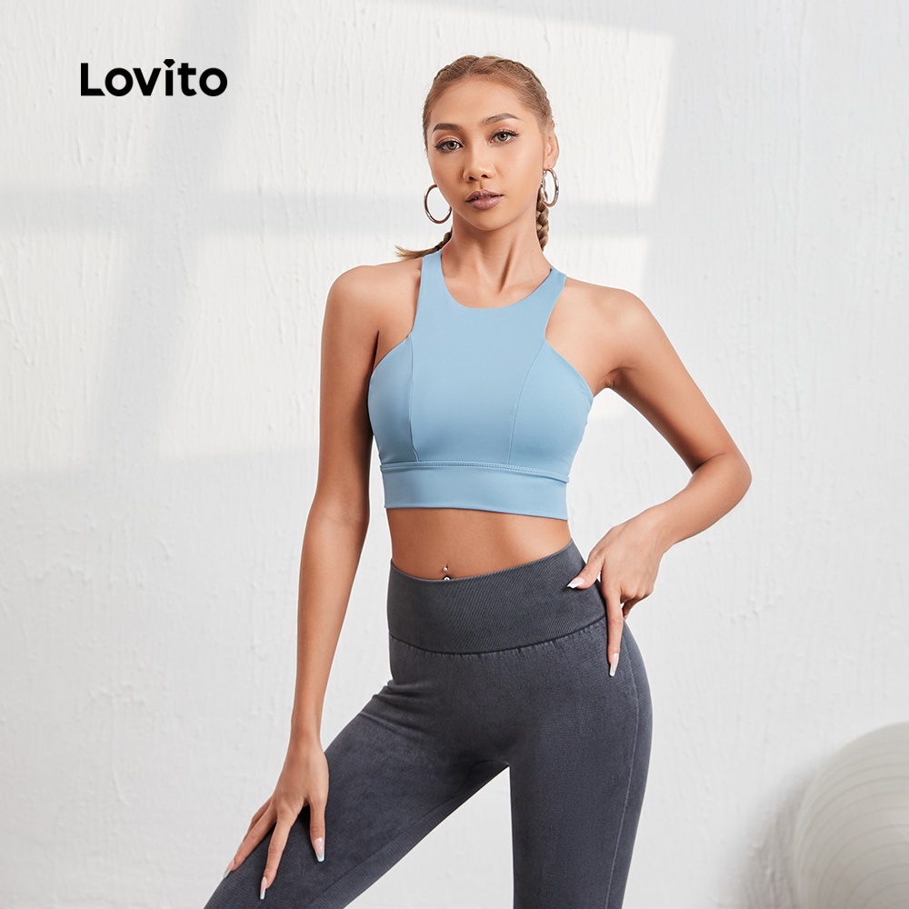Áo bra thể thao Lovito màu trơn đơn giản thiết kế lưng đẹp nhanh khô L08069 (Màu xanh dương nhạt)