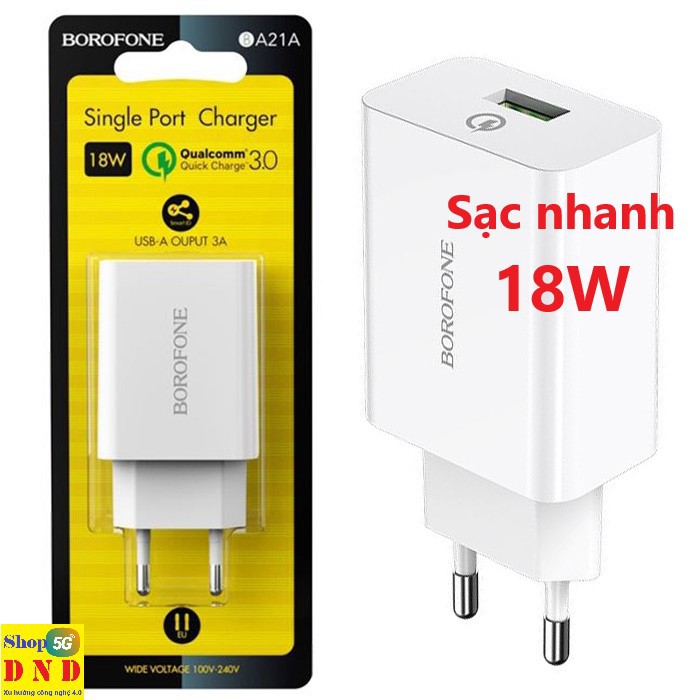 Cóc sạc nhanh 18W Borofone A21A - Công nghệ Quick Charger phổ biến nhất thế giới - Cam kết chính hãng