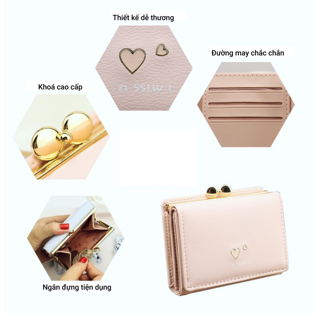 Ví nữ mini ngắn cầm tay GENZZZ đính họa tiết trái tim nhiều ngăn tiện dụng chất da cao cấp V022