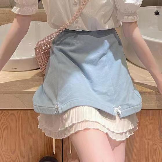 Chân Váy Chữ A Lưng Cao Phối Bèo Và Nơ Xinh Xắn Thời Trang Nhật Bản Cho Nữ