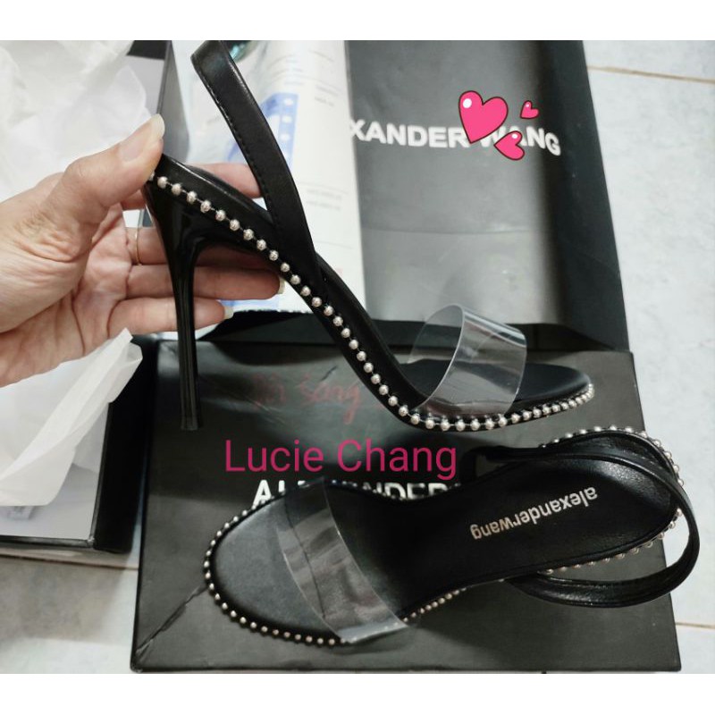 Sandal Wangg viền bi quai mica trong gót đũa siêu chảnh hàng cao cấp đen