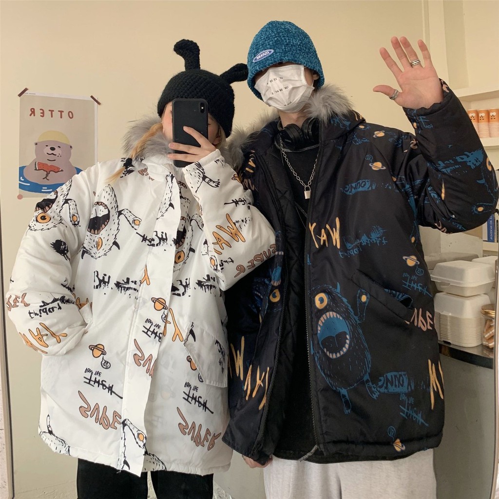 rockmagic couple wear winter clothes brand graffiti loose large size cotton-padded jacket fur collar cotton jacket winter coat men | BigBuy360 - bigbuy360.vn
