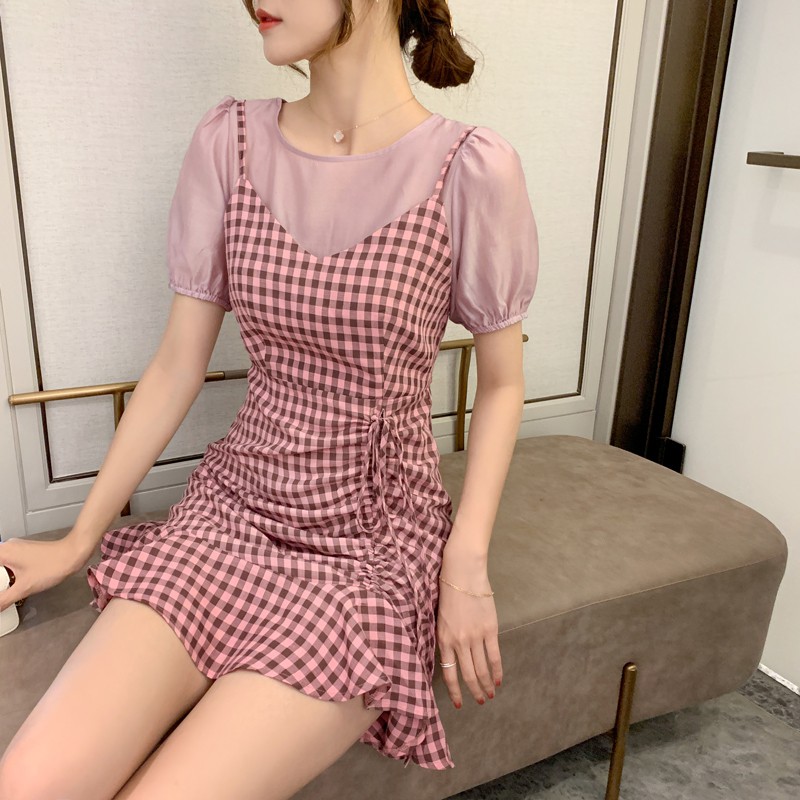 Đầm tay phồng ngắn phối họa tiết sọc ca rô thời trang cho nữ | BigBuy360 - bigbuy360.vn