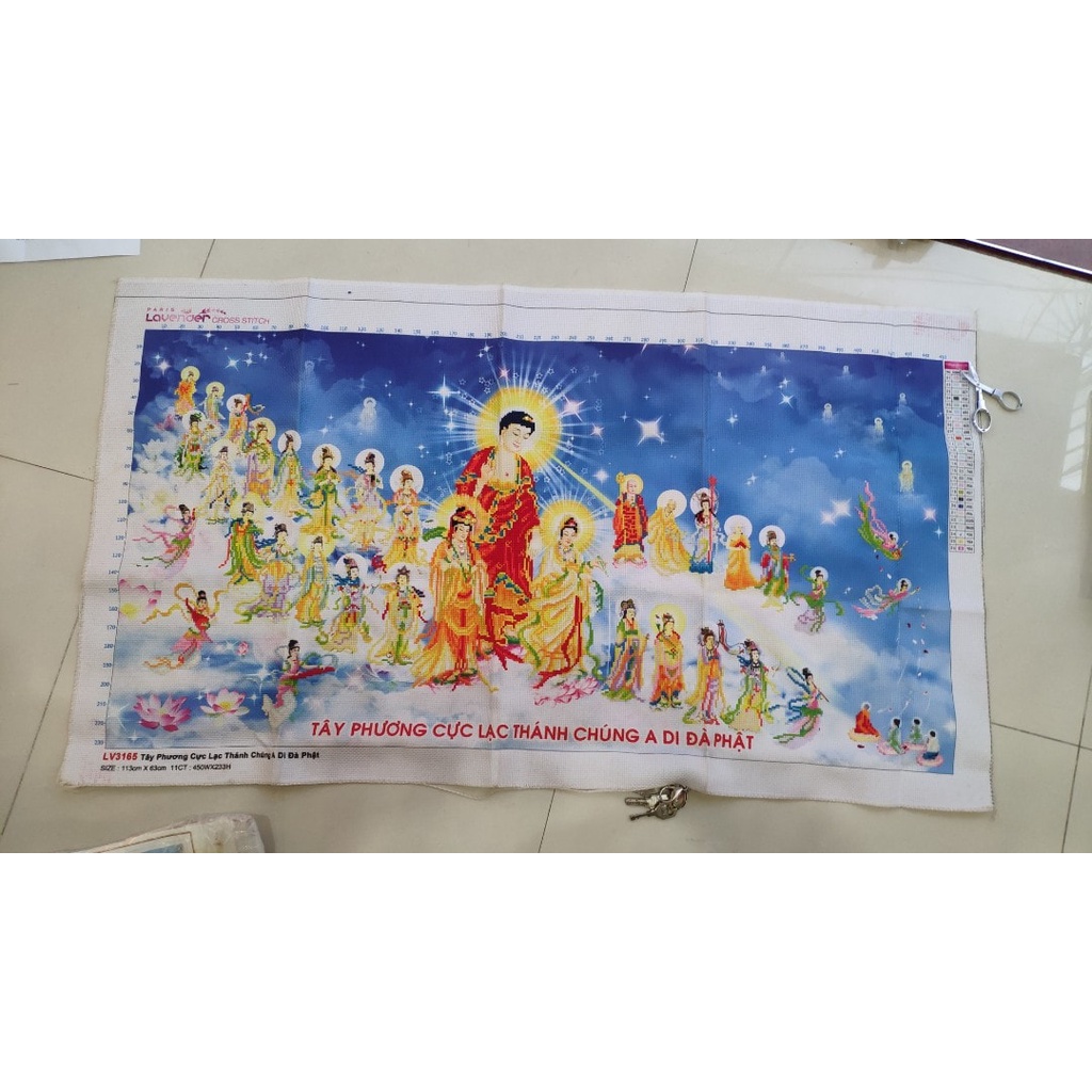 Tranh thêu chữ thập phật tây phương cực lạc KT:113x63cm, tranh chưa thêu.Tặng kéo và xỏ chỉ.