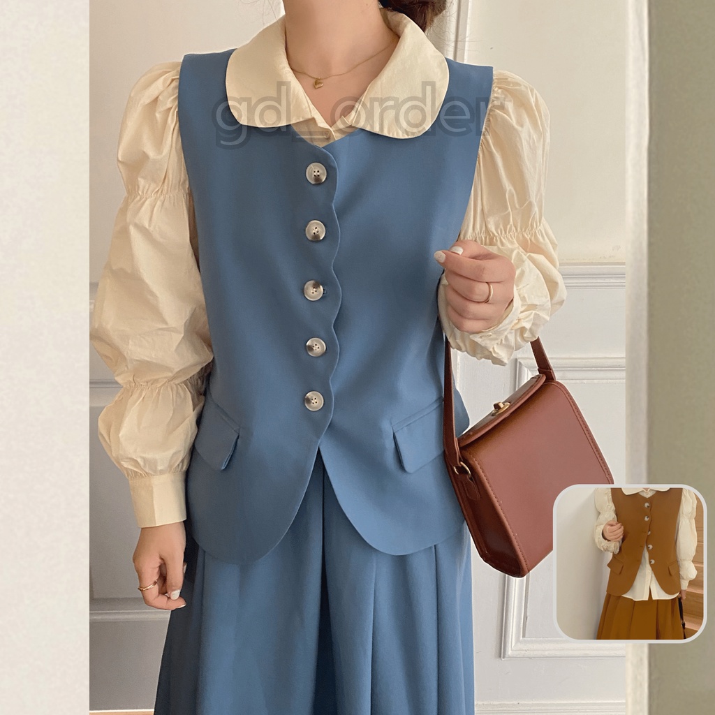B91|Set bộ vest nữ áo gile khoác cộc tay dáng croptop, váy xoè xếp ly gd_order
