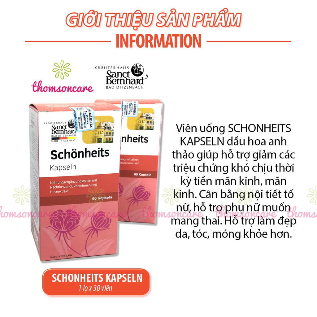 Tinh dầu hoa anh thảo Schonheits Kapseln nhập khẩu từ Đức, bổ sung nội tiết tố nữ, tăng cường sinh lý