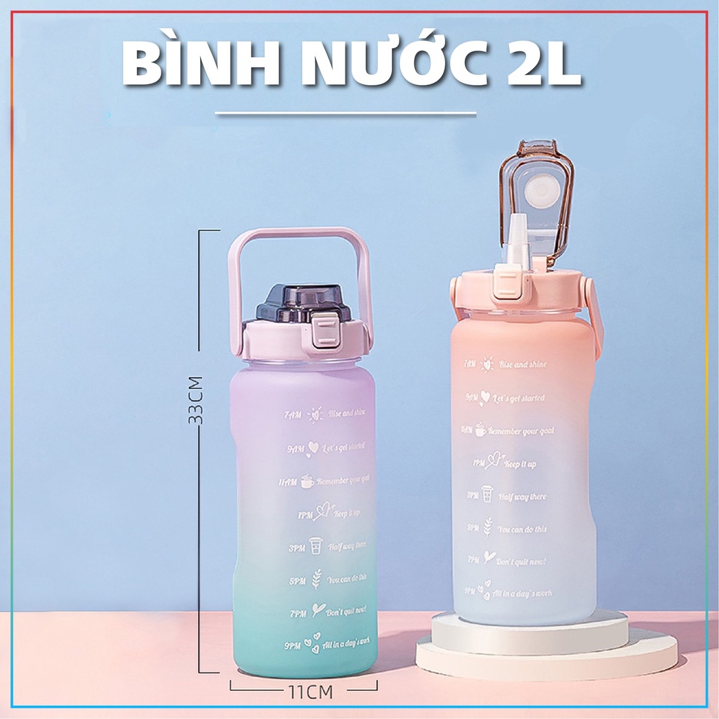 Bình đựng nước 2L có vạch báo giờ uống nước siêu kute với tone màu 3D dễ thương-supersale365