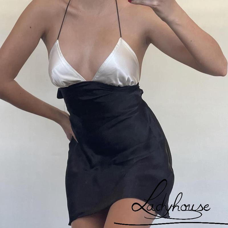 Đầm Ngắn Không Tay Hở Lưng Phối Dây Cột Dành Cho Nữ Dự Tiệc