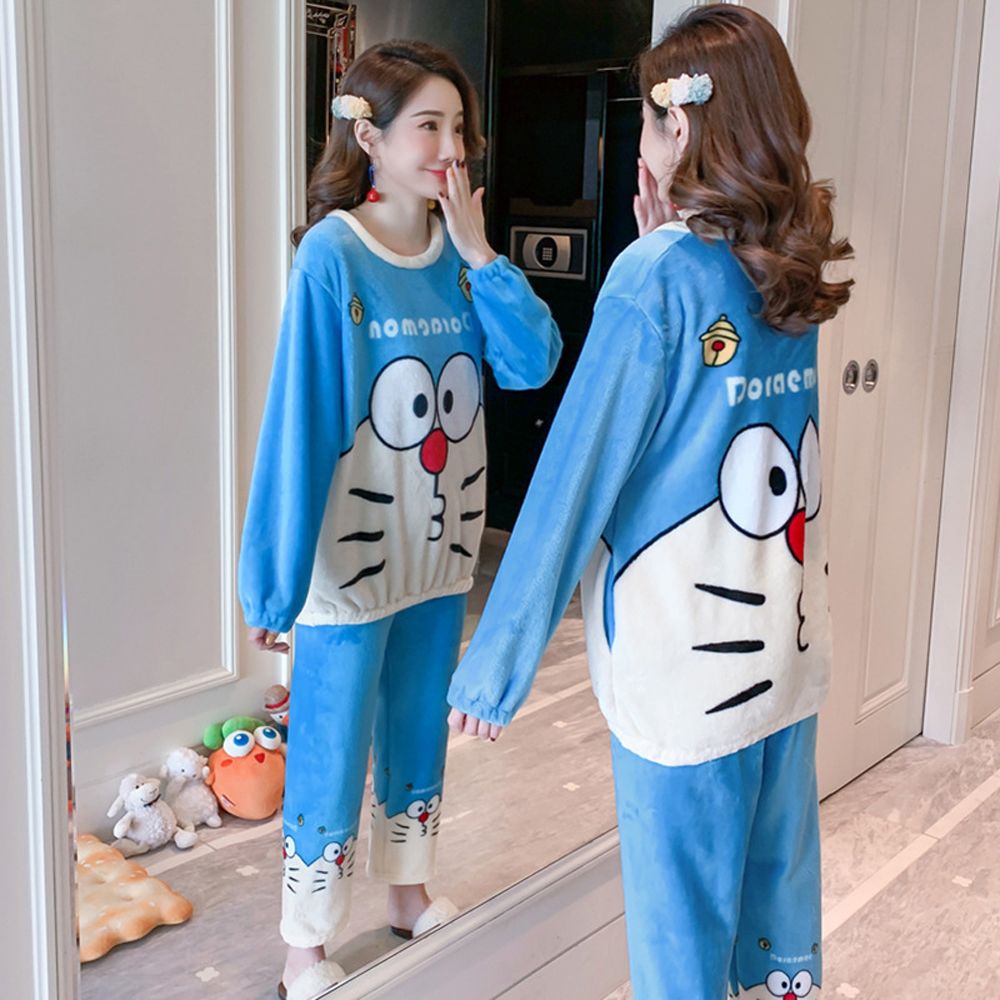 Bộ đồ ngủ bằng lông cừu san hô in họa tiết hoạt hình Doremon minions phong cách Hàn Quốc thời trang cho nữ